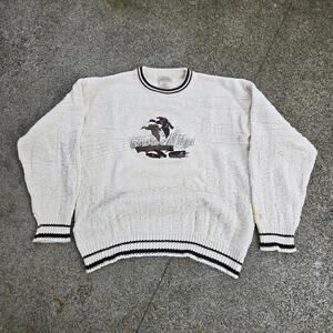 Vtg 90s ST JOHNS BAY Ducks Marsh Scene Fair Isle Knit Crewneck Sweater L USA